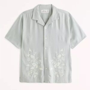 Abercrombie & Fitch Floral Embroidered Linen Blend shirt, green, size large